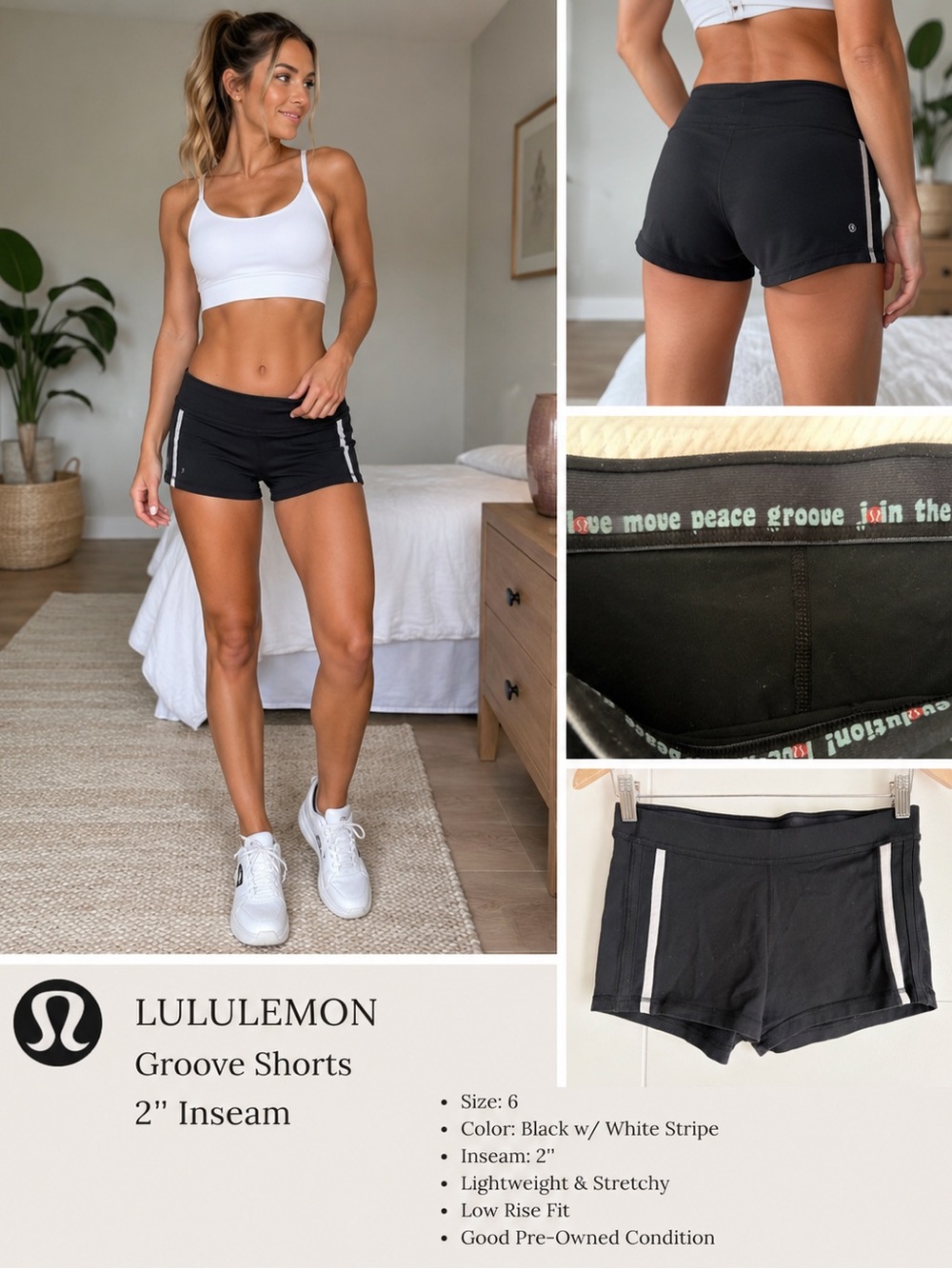 lululemon athletica Black Athletic Groove Shorts with White Side Stripes
